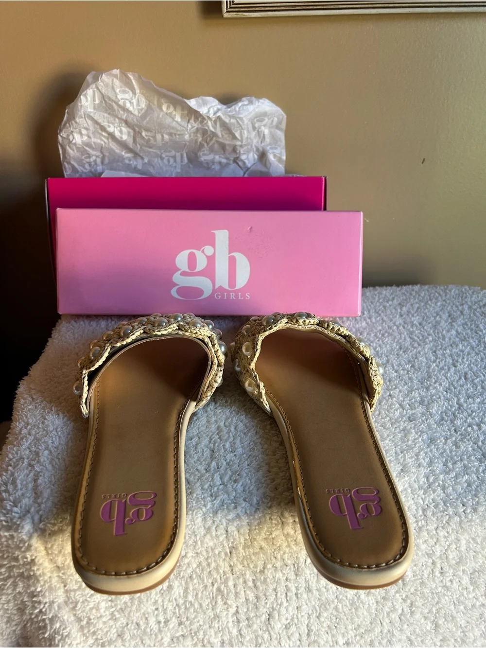 GB Girls Pearl Crochet Slide Sandals - Cream